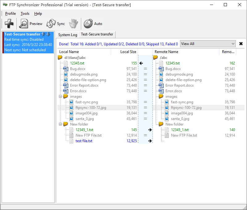 FTP Synchronizer main window